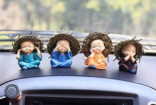 TIED RIBBONS Set of 4 Buddha Monk Statue Figurines Showpiece for Home Decoration Car Dashboard Living Room Bedroom Table Wall Decorative Gift Items (Miniature, Multi)