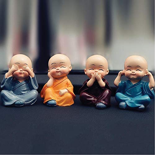 TIED RIBBONS Set of 4 Buddha Monk Statue Figurines Showpiece for Home Decoration Car Dashboard Living Room Bedroom Table Wall Decorative Gift Items (Miniature, Multi)
