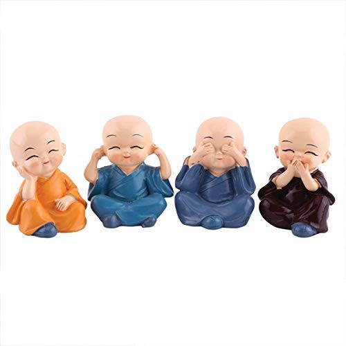 TIED RIBBONS Set of 4 Buddha Monk Statue Figurines Showpiece for Home Decoration Car Dashboard Living Room Bedroom Table Wall Decorative Gift Items (Miniature, Multi)