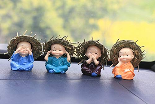 TIED RIBBONS Set of 4 Buddha Monk Statue Figurines Showpiece for Home Decoration Car Dashboard Living Room Bedroom Table Wall Decorative Gift Items (Miniature, Multi)