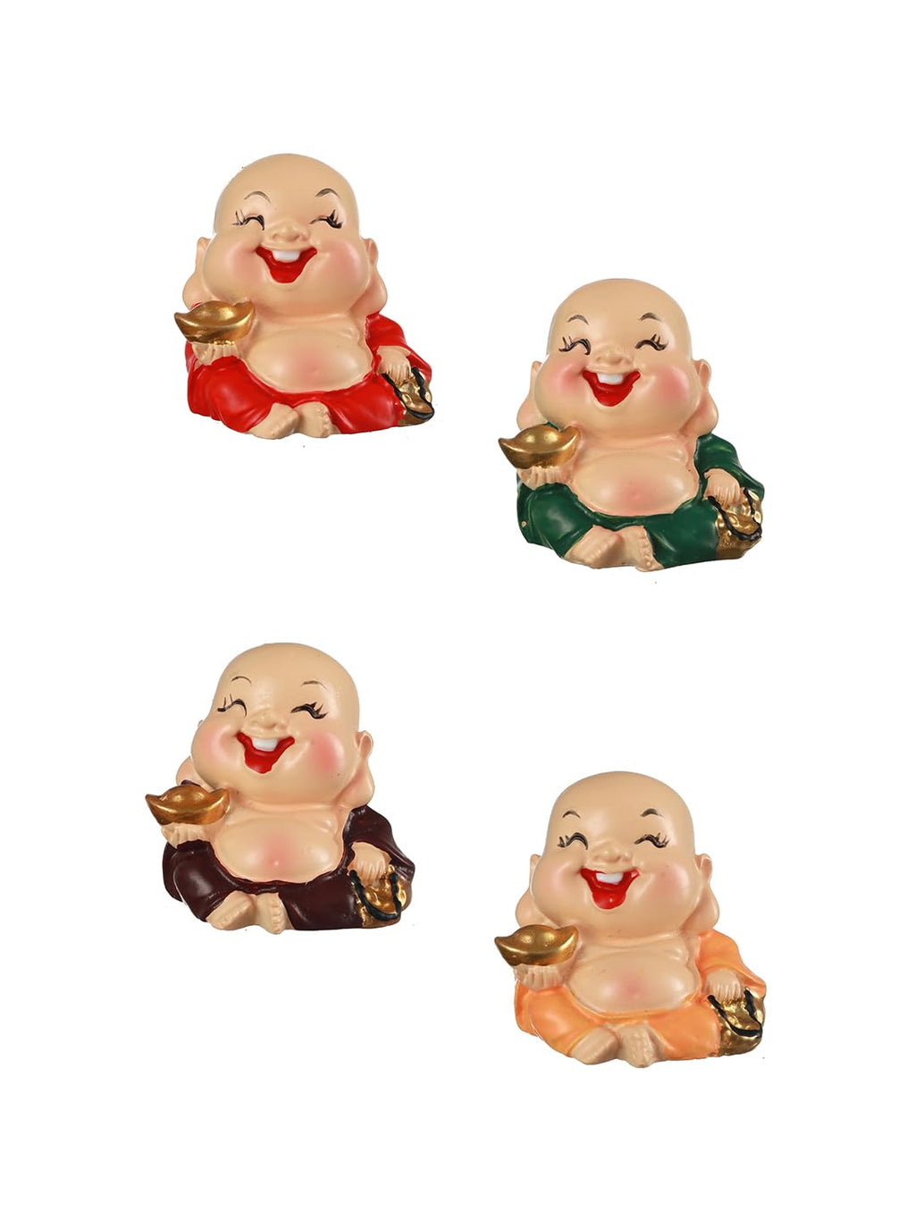 TIED RIBBONS Set of 4 Buddha Monk Statue Figurines Showpiece for Home Decoration Car Dashboard Living Room Bedroom Table Wall Decorative Gift Items (Miniature, Multi)