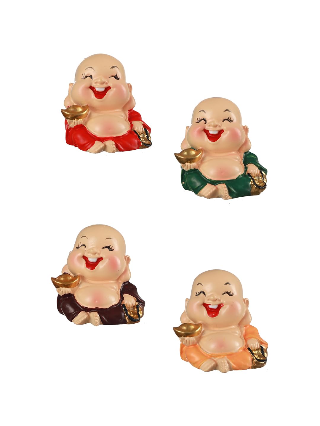 TIED RIBBONS Set of 4 Buddha Monk Statue Figurines Showpiece for Home Decoration Car Dashboard Living Room Bedroom Table Wall Decorative Gift Items (Miniature, Multi)