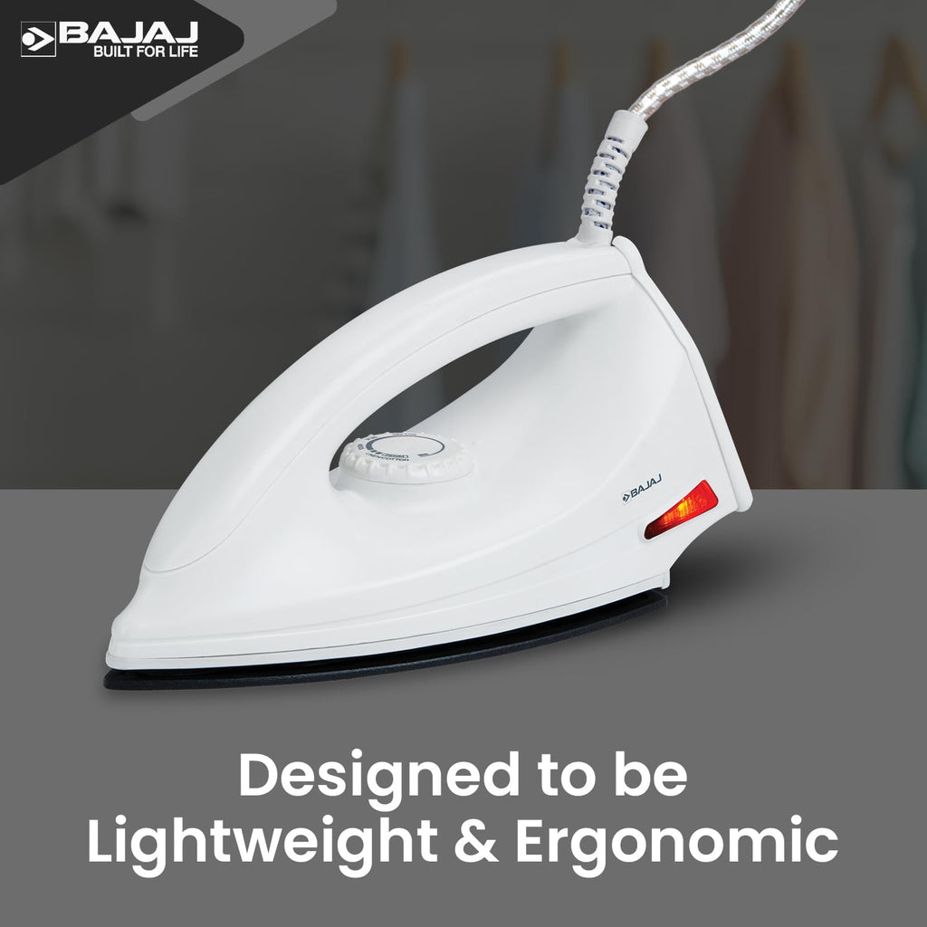 Bajaj DX-6 1000 Watts Dry Iron | Advance Soleplate And Anti-Bacterial German Coating Technology | Thermol Fuse Safety | Auto Shut-Off | Cool Touch Body | 2 Yr Warranty 【White】