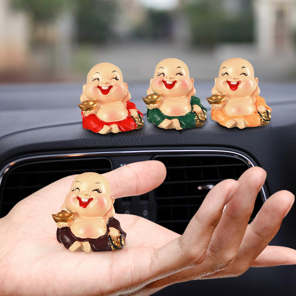 TIED RIBBONS Set of 4 Buddha Monk Statue Figurines Showpiece for Home Decoration Car Dashboard Living Room Bedroom Table Wall Decorative Gift Items (Miniature, Multi)