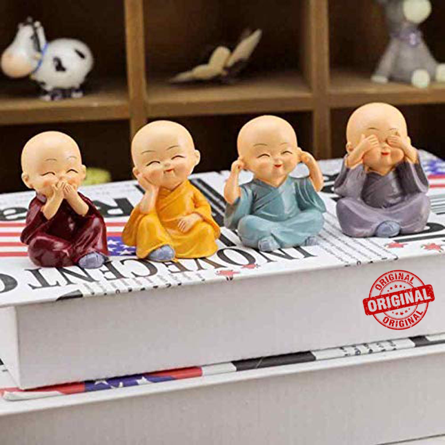 TIED RIBBONS Set of 4 Buddha Monk Statue Figurines Showpiece for Home Decoration Car Dashboard Living Room Bedroom Table Wall Decorative Gift Items (Miniature, Multi)