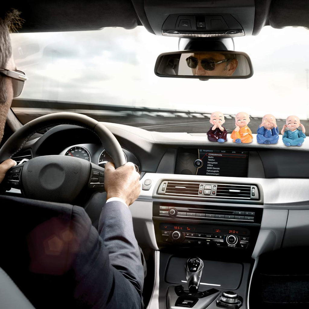 TIED RIBBONS Set of 4 Buddha Monk Statue Figurines Showpiece for Home Decoration Car Dashboard Living Room Bedroom Table Wall Decorative Gift Items (Miniature, Multi)