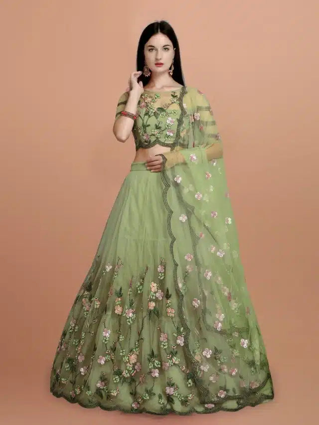Net Embroidered Semi Stitched Lehenga Choli for Women (Green)